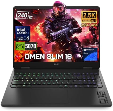 PCONLINE HP OMEN Slim RTX 5070 Intel Ultra 9 285H 240Hz QHD+ Gaming Laptop | 16" Anti-Glare IPS QHD+ 240Hz Display, 64GB DDR5, 2TB SSD, 4-Zone RGB Backlit Keyboard, 11 Home